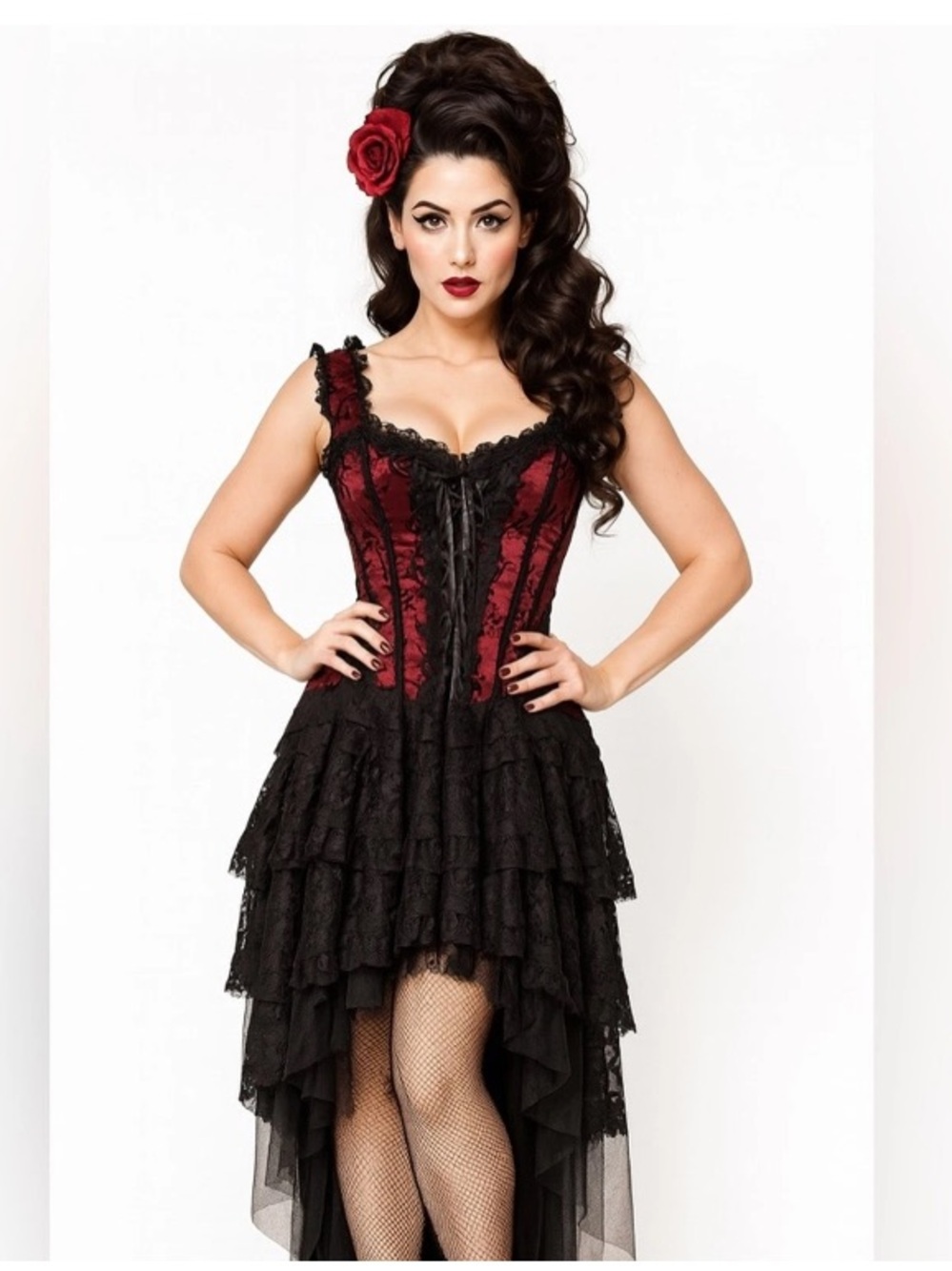 Burleska Ophelia Corset Goth Red & Black Lace High-Low Dress Wedding Size 34